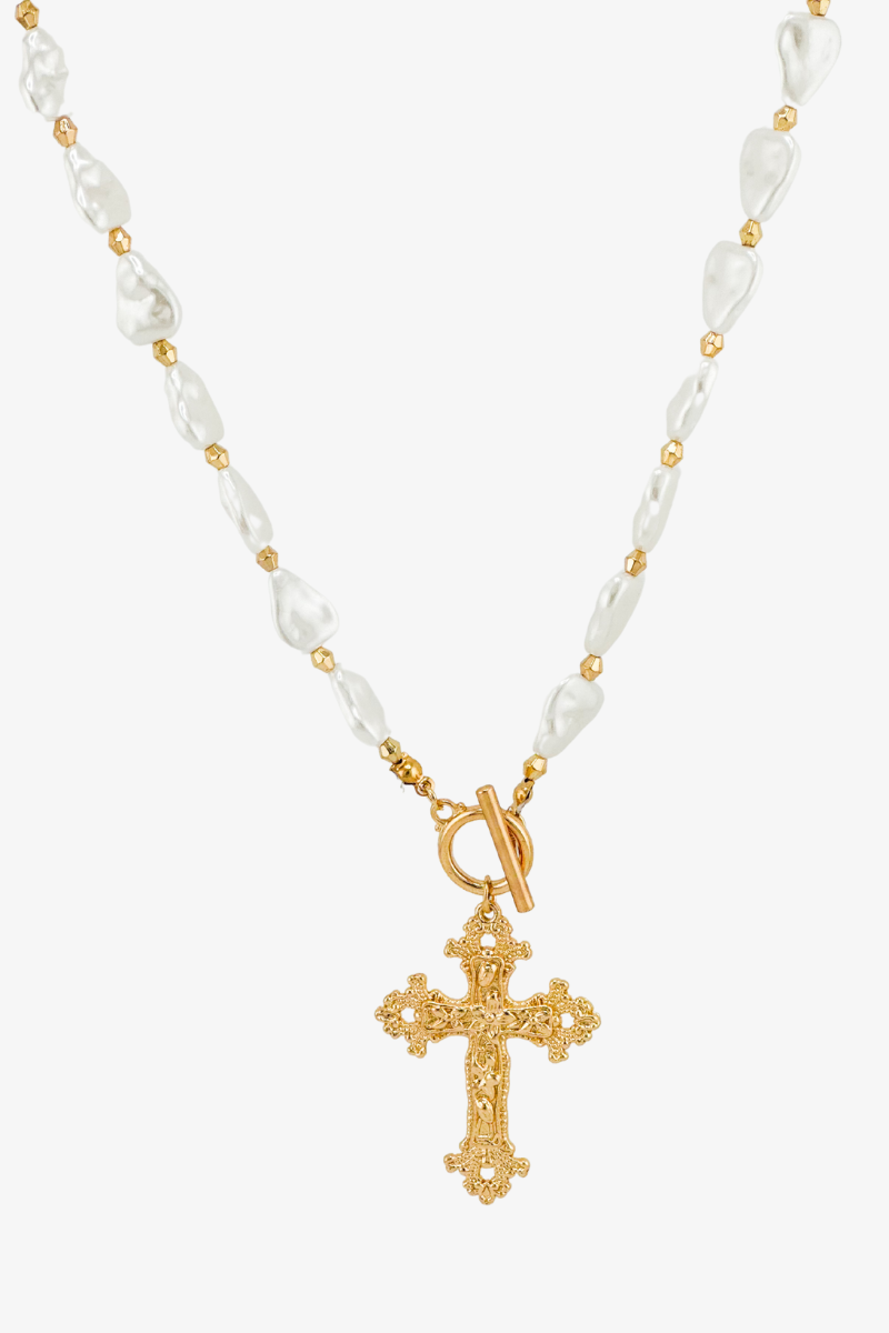 Naszyjnik Baroque Pearls Cross Gold